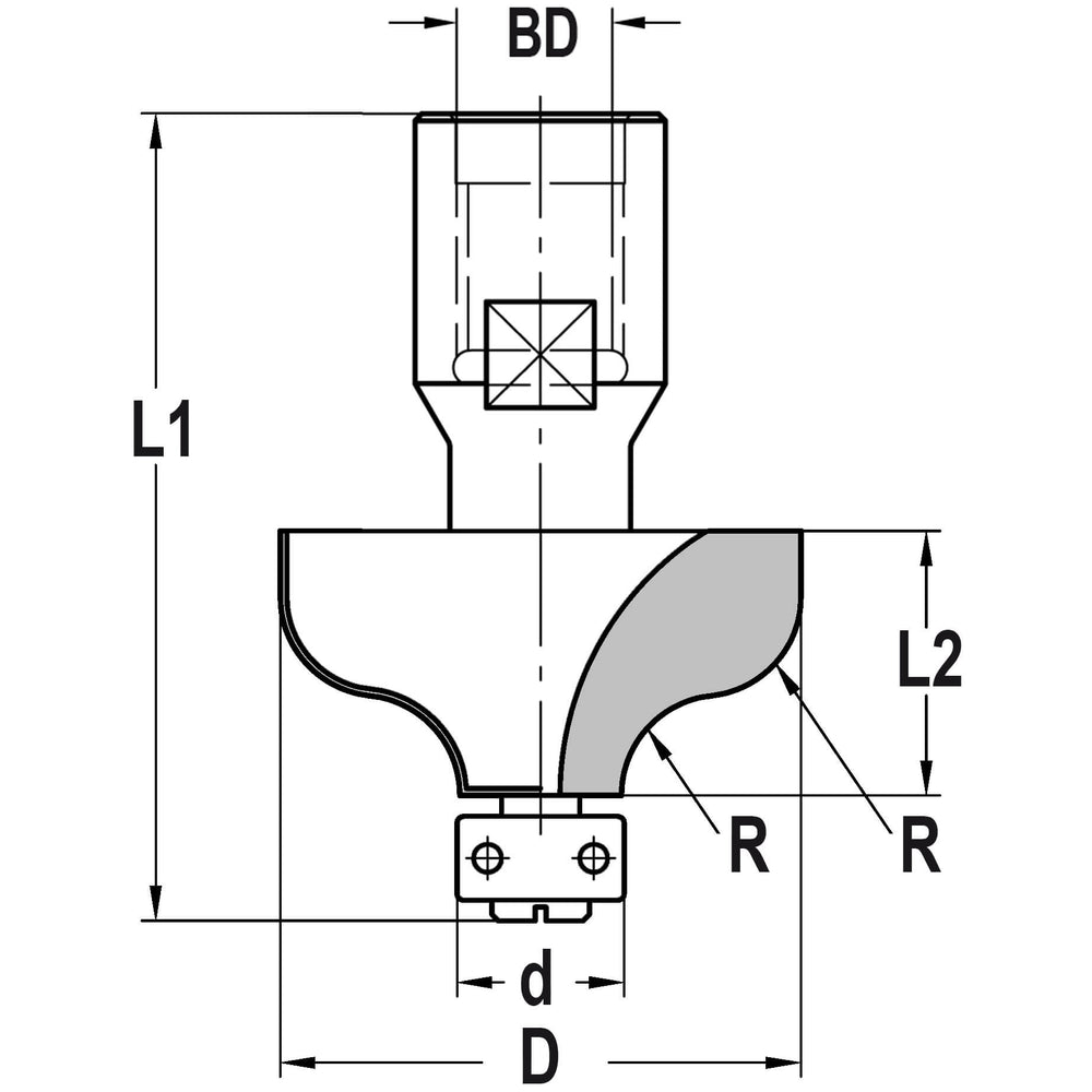 S-profielfrees R=7,2 mm met lager 12 mm, L2=19 mm, Binnendraad M12, HW