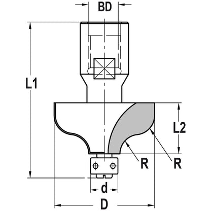 S-profielfrees R=7,2 mm met lager 9 mm, L2=19 mm, Binnendraad M10, HW