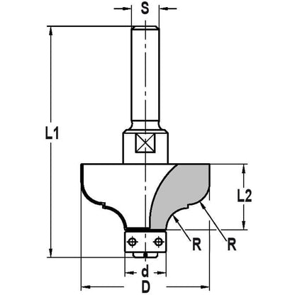 Multiprofielfrees R=6,3 mm met lager 12 mm, L2=19 mm, S=10 mm, HW