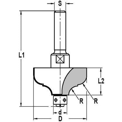 Multiprofielfrees R=6,3 mm met lager 9 mm, L2=19 mm, S=10 mm, HW