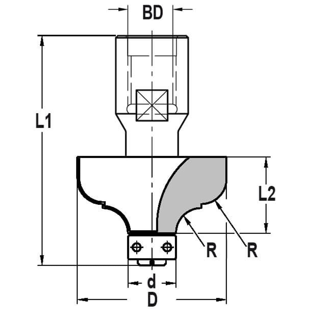 Multiprofielfrees R=6,3 mm met lager 12 mm, L2=19 mm, Binnendraad M12, HW