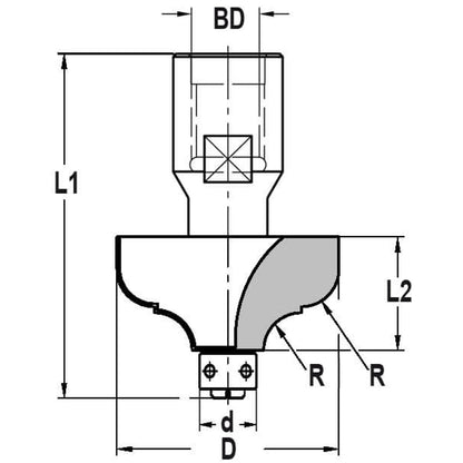 Multiprofielfrees R=6,3 mm met lager 9 mm, L2=19 mm, Binnendraad M10, HW