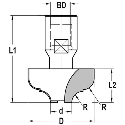 Multiprofielfrees R=6,3 mm zonder lager, L2=19 mm, Binnendraad M10, HW