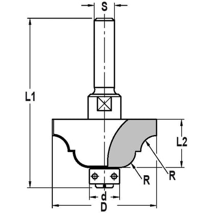 Contraprofielfrees R=6,3 mm met lager 12 mm, L2=19 mm, S=10 mm, HW