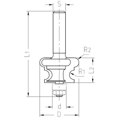 Multiprofielfrees R=3,0 mm met lager, L2=16 mm, S=8 mm, HW