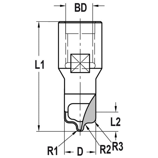 Paneelfrees R=1,5/2,0/2,0 mm, TL=51 mm, Binnendraad M10, HW