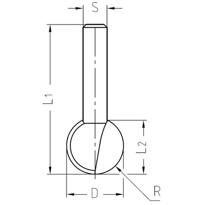 Kogelprofielfrees R=6,35 mm, TL=45 mm, S=8 mm, HW