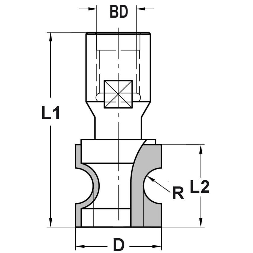 Halfrondprofielfrees R=5,0 mm zonder lager, D=24 mm, Binnendraad M10, HW