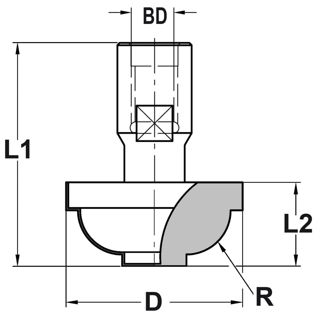 Hollijstprofielfrees R=6,35 mm zonder lager, D=30,7 mm, Binnendraad M10, HW