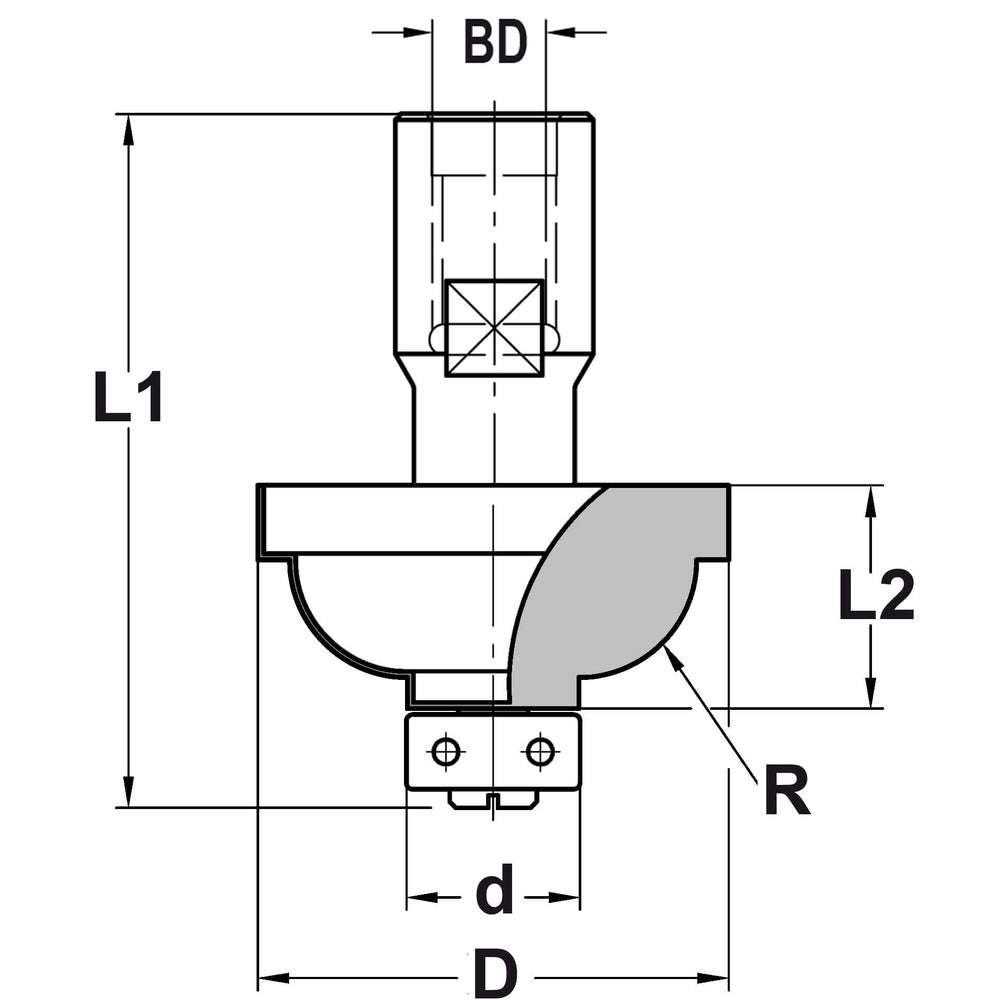 Hollijstprofielfrees R=6,35 mm met lager, D=30,7 mm, Binnendraad M12, HW