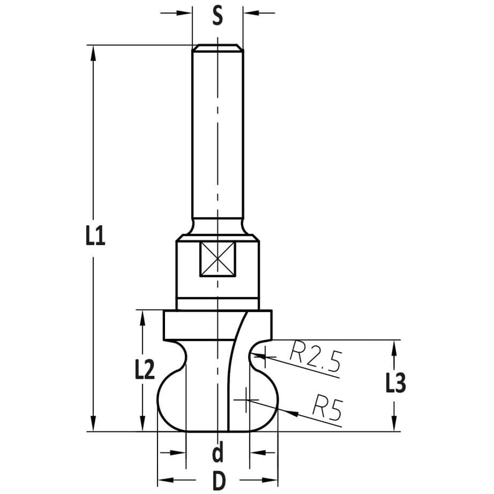 Handgreepprofielfrees R=2.5/5.0, L3=14.5 mm, S=8 mm, HW