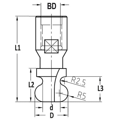 Handgreepprofielfrees R=2.5/5.0, L3=14.5 mm, Binnendraad M10, HW
