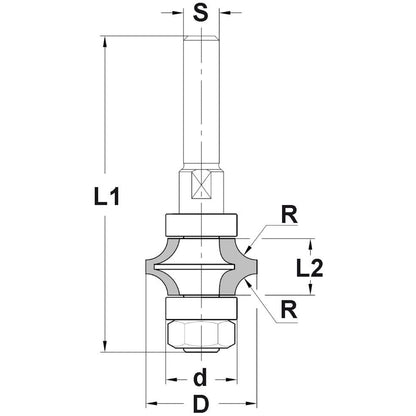 Spitskantenfrees R=4,8 mm met dubbel lager, D=25,4 mm, S=8 mm, HW