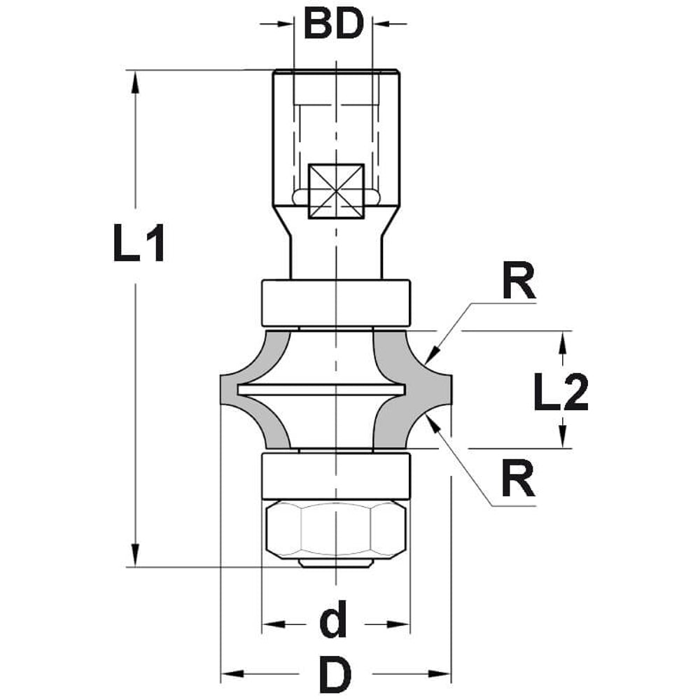 Spitskantenfrees R=4,8 mm met dubbel lager, D=25,4 mm, Binnendraad M12, HW