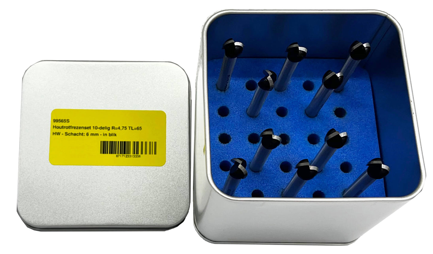 Houtrotfrezen Set 10-delig in blik, R=4,75 mm, TL=65 mm, S=6 mm, HW